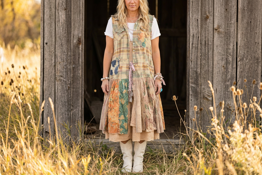 Woman wearing a plaid and floral patchwork dress with cream boots at a weathered barn doorway.