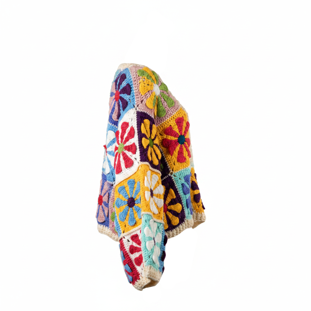 Women's multicolor flower granny square crochet cardigan front view open interior hollow balloon sleeves cream base