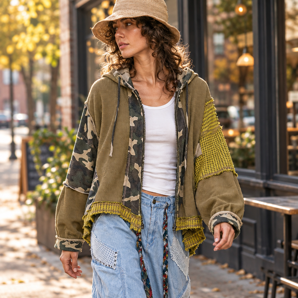POL Clothing women's olive patchwork hoodie with textured sleeves walking by a coffee shop