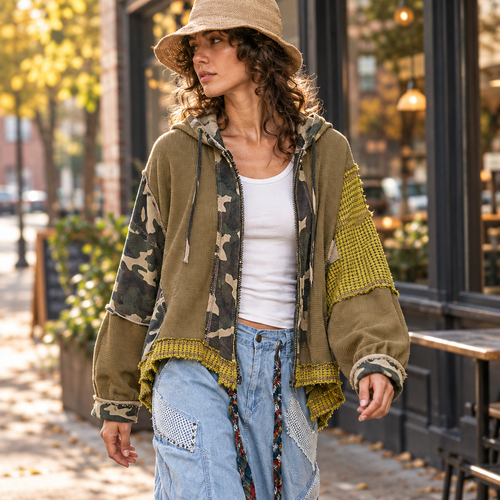 POL Clothing women's olive patchwork hoodie with textured sleeves walking by a coffee shop