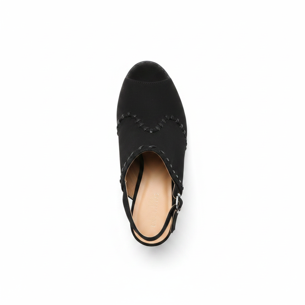 Qupid DAYOFF-23X black suede PU peep-toe slingback mule showing interior lining and slingback strap, top-down view