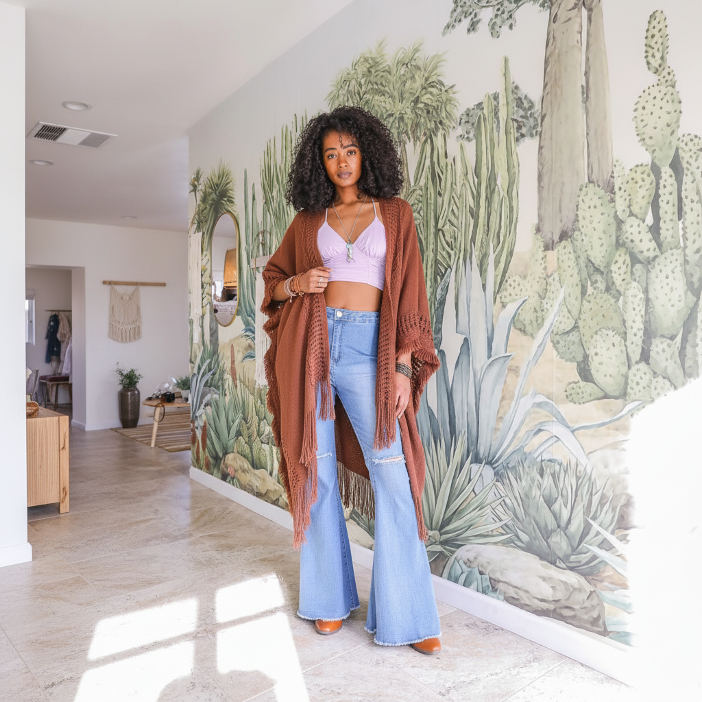Women's cognac brown frayed-trim ruana wrap styled with flare jeans, relaxed boho layering piece