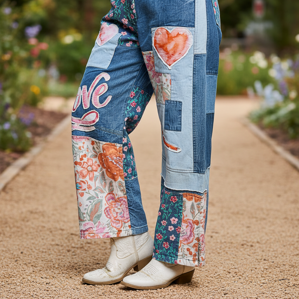 POL patchwork denim pants close-up, "Love" lettering, heart and cardinal patches, wide-leg detail