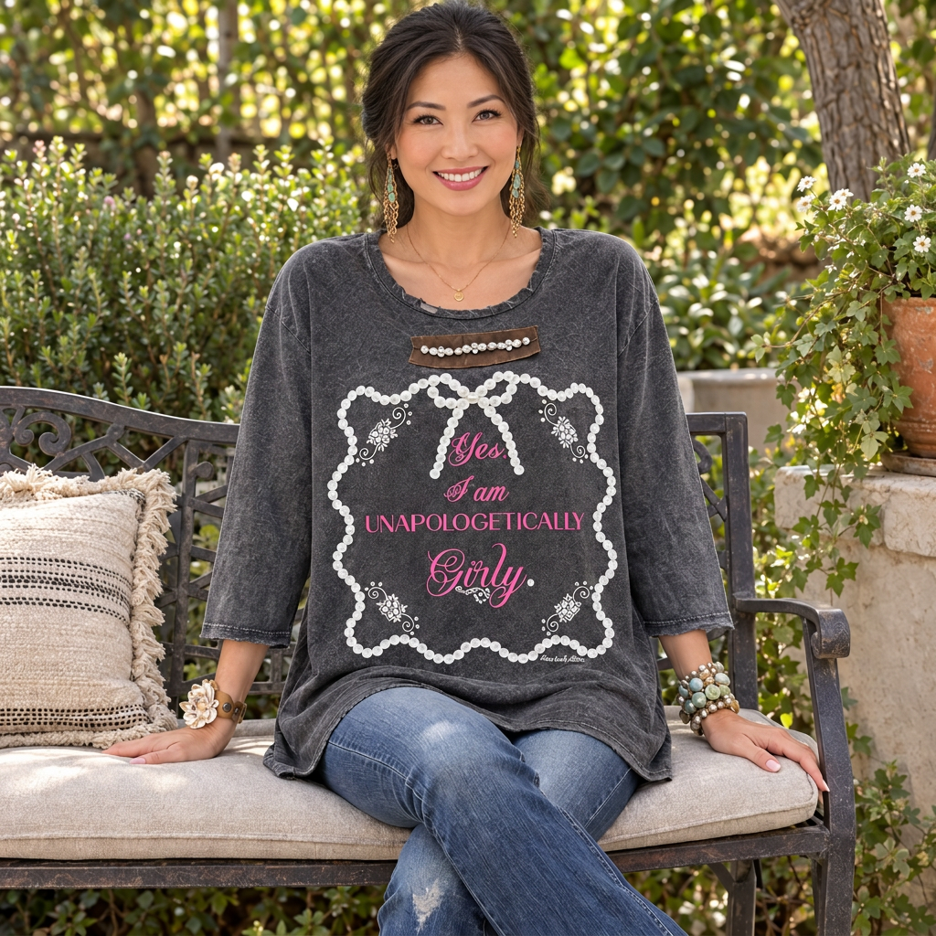 A Rare Bird Shop charcoal Girly graphic tee with sleeves past the elbow on a model seated on a garden bench