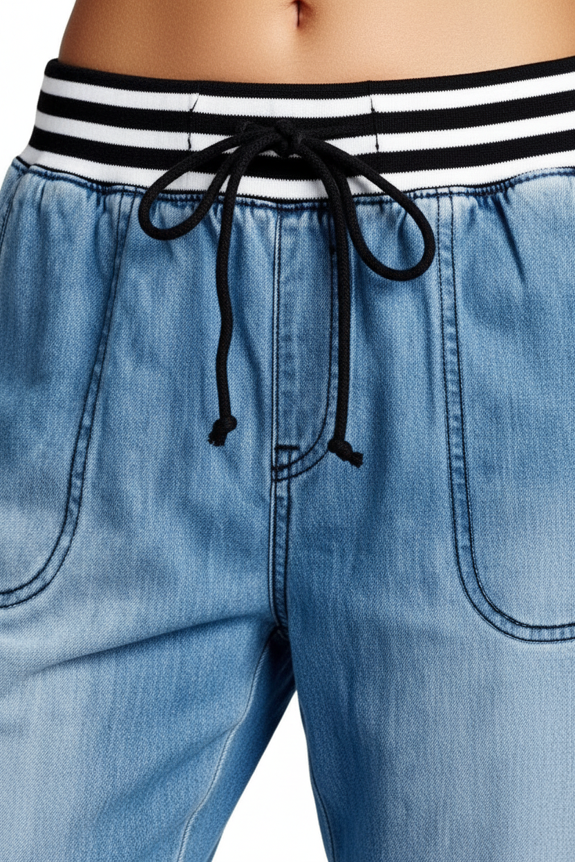 Blue denim shorts with a black and white striped waistband on a white background