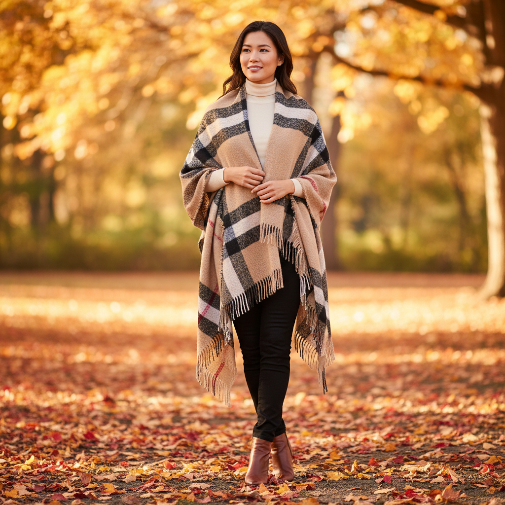 Women's tan black plaid fringe shawl wrap, poncho drape styled with slim trousers and ankle boots – BellanBlue