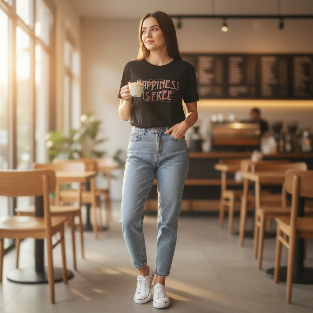 Black women’s graphic tee with rose gold Happiness is Free lettering styled with high-waisted jeans