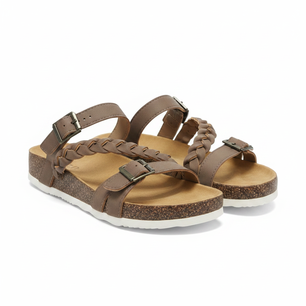 Cherish braided platform sandals in taupe, both shoes front three-quarter studio view on white background