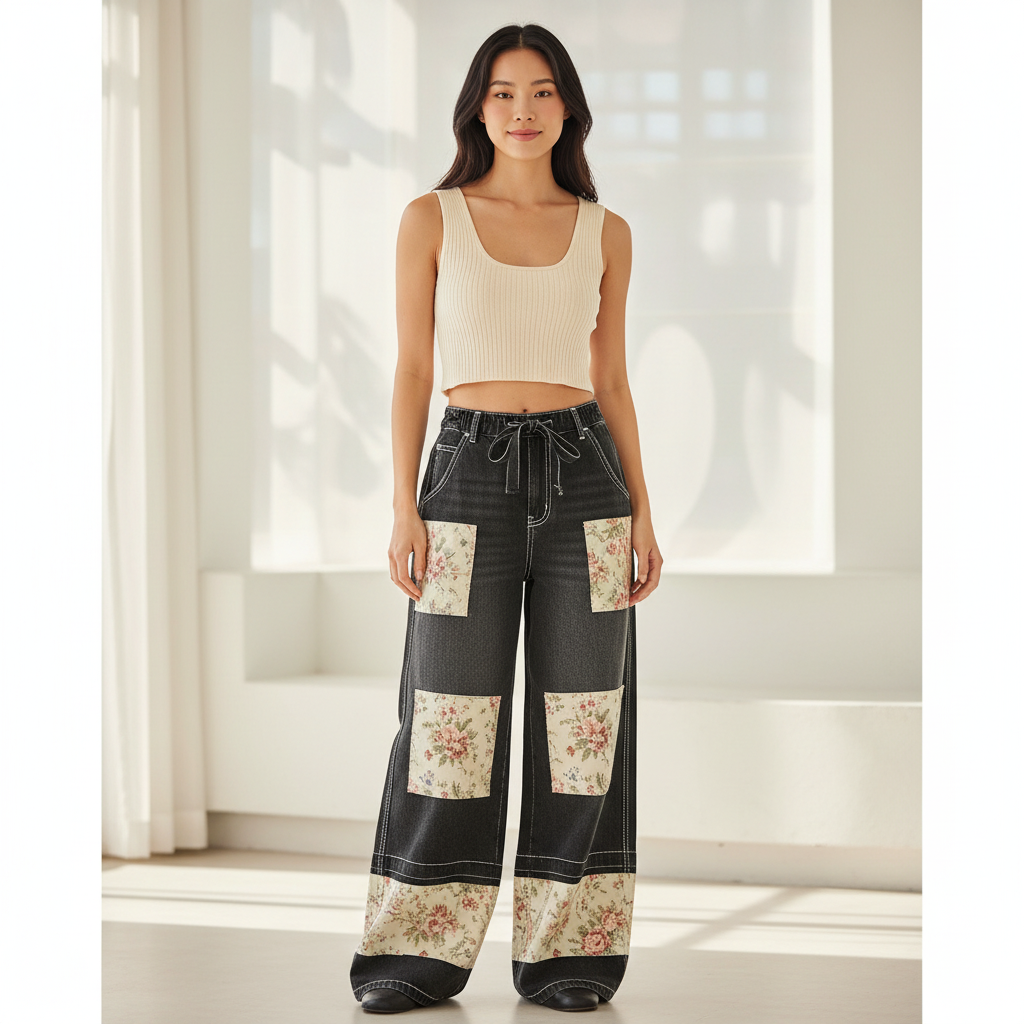 Women's black denim wide-leg patchwork pants, standing, tapestry panels, cargo pockets, baggy fit - BellanBlue