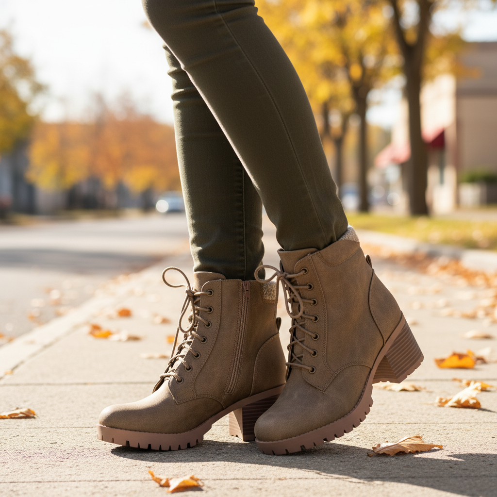 Women's taupe SODA lace-up ankle boot, block heel, lug sole, standing on autumn street, casual fall outfit