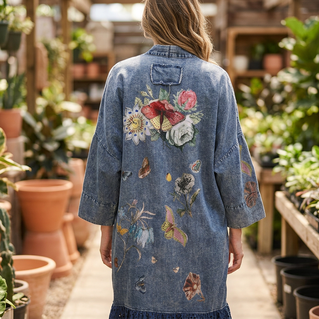 Blue Velvet women's blue kimono back detail with flower and butterfly print in a plant nursery