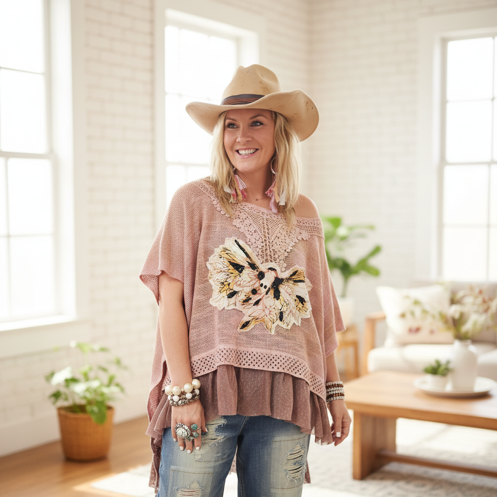 Women's blush pink knit throwover with moth applique and lace trim, relaxed boho fit, styled with distressed jeans