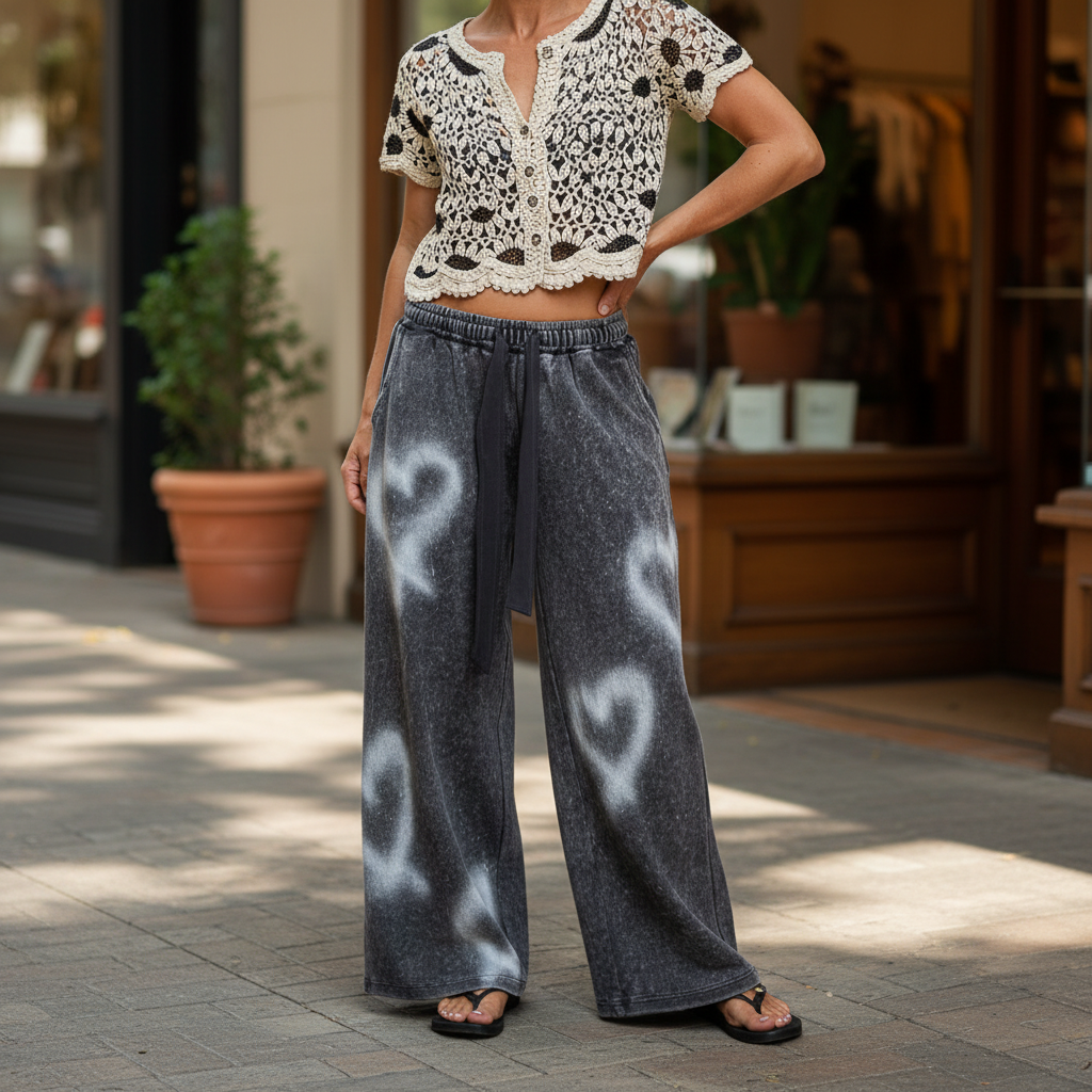 POL Clothing women's charcoal heart print ribbed wide-leg pants styled on boutique sidewalk - BellanBlue