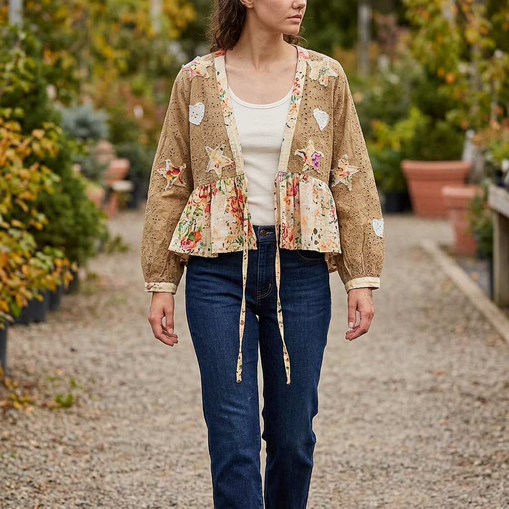 Mocha eyelet cardigan with floral ruffles over an ivory tank and dark jeans on a nursery path.