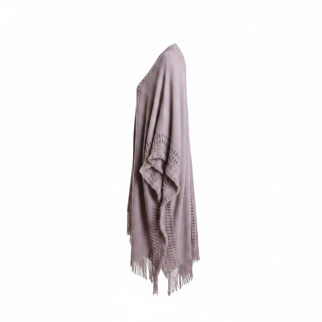 Women's gray open-knit wrap cardigan, side profile, floor-length batwing sleeve, frayed fringe trim