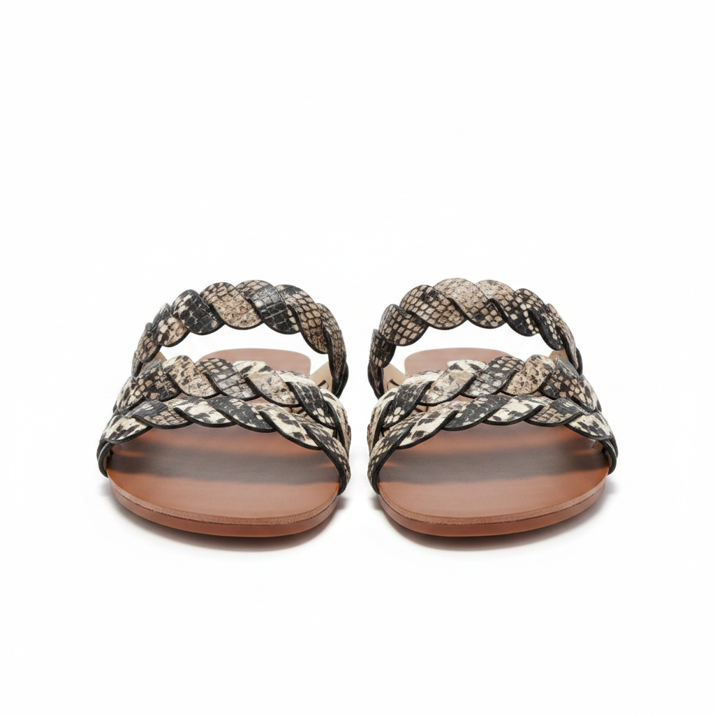Qupid Britt-11 beige brown snake-print braided slide sandals, straight front view showing three braided straps and open toe
