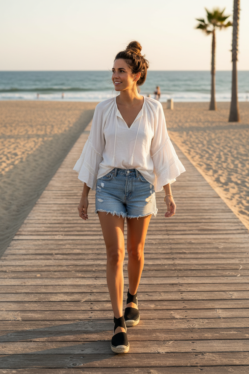 Woman wearing black canvas espadrille platforms on beach boardwalk, casual summer outfit