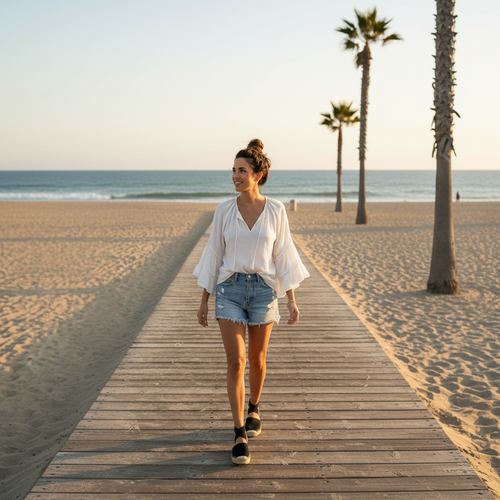 Woman wearing black canvas espadrille platforms on beach boardwalk, casual summer outfit