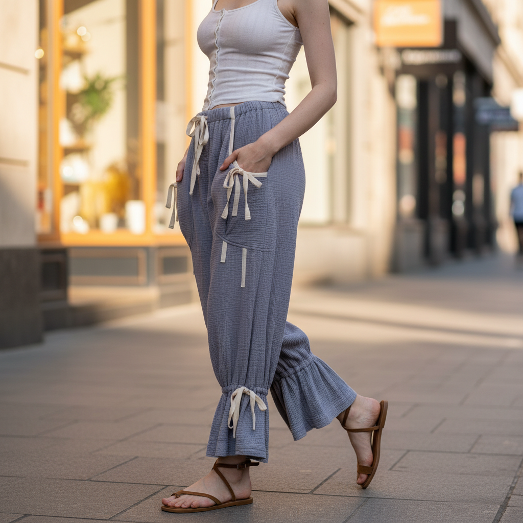 Bluevelvet women's denim blue bloomer pants with cream bow ties and ruffle ankle hem, city street style