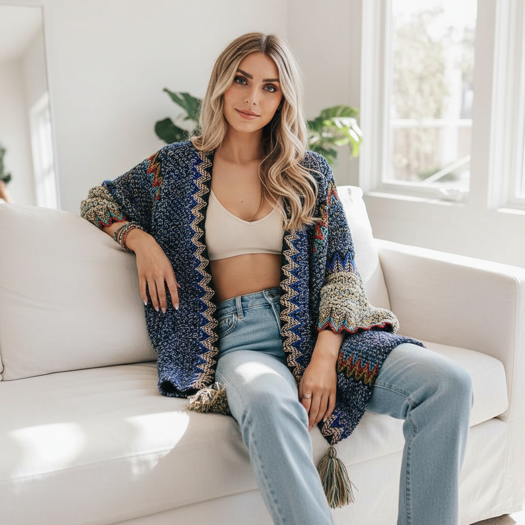 Women's cobalt blue chevron knit kimono cardigan seated interior lifestyle oversized boho wrap