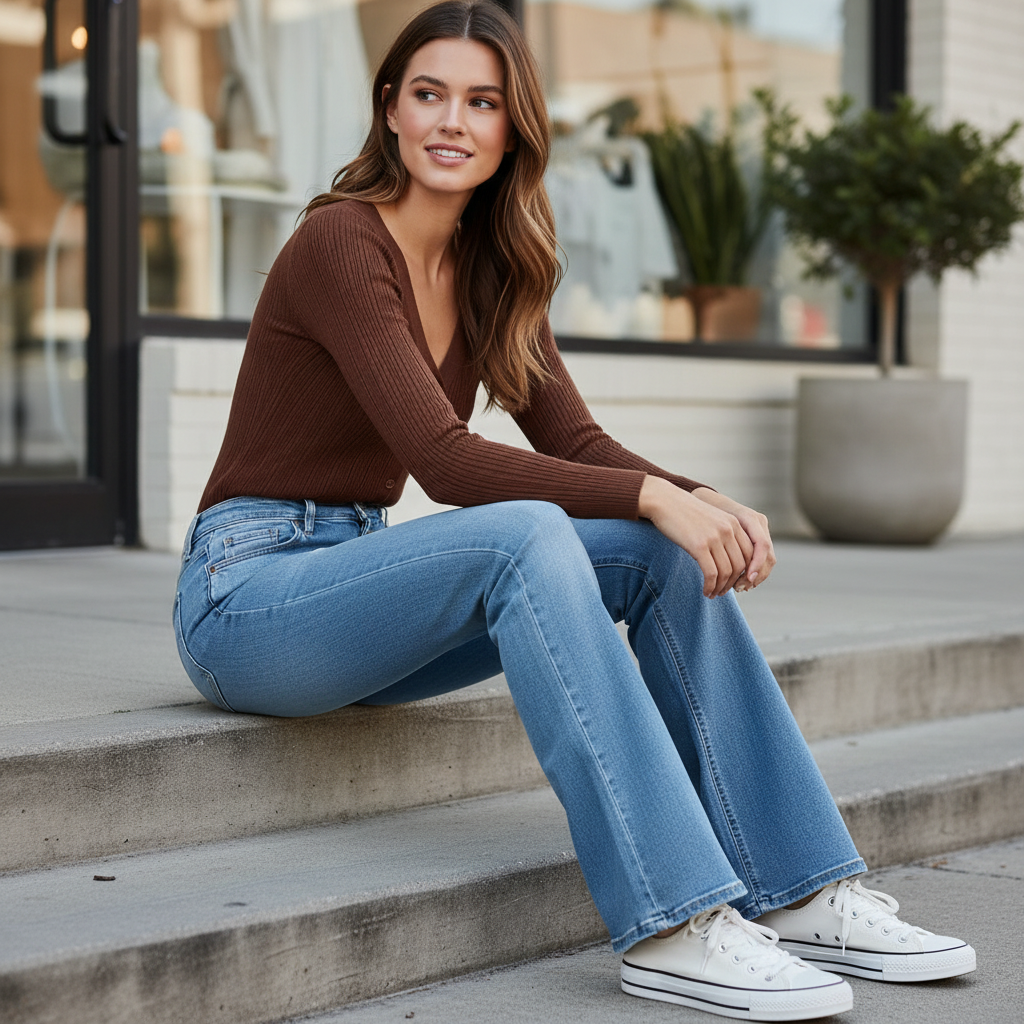 KanCan high-rise flare jeans seated boutique exterior look, styled with brown ribbed cardigan and white sneakers
