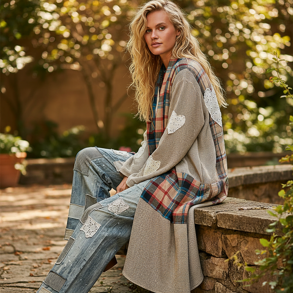 POL Clothing women's plaid patchwork longline duster coat with eyelet lace hearts, garden patio seated styling