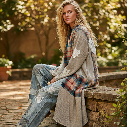 POL Clothing women's plaid patchwork longline duster coat with eyelet lace hearts, garden patio seated styling