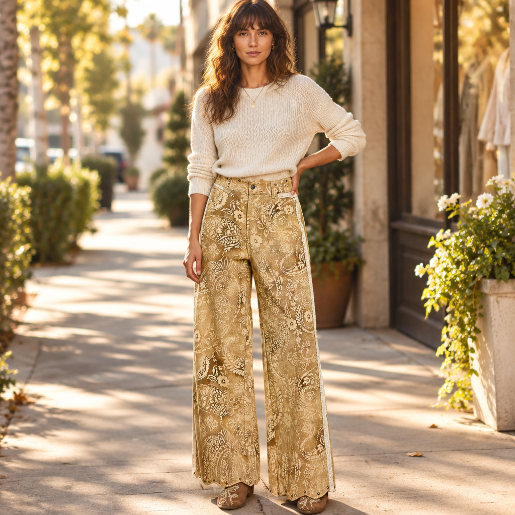 POL Clothing women's sand paisley vintage-wash wide-leg pants styled on a sunny boutique street - BellanBlue