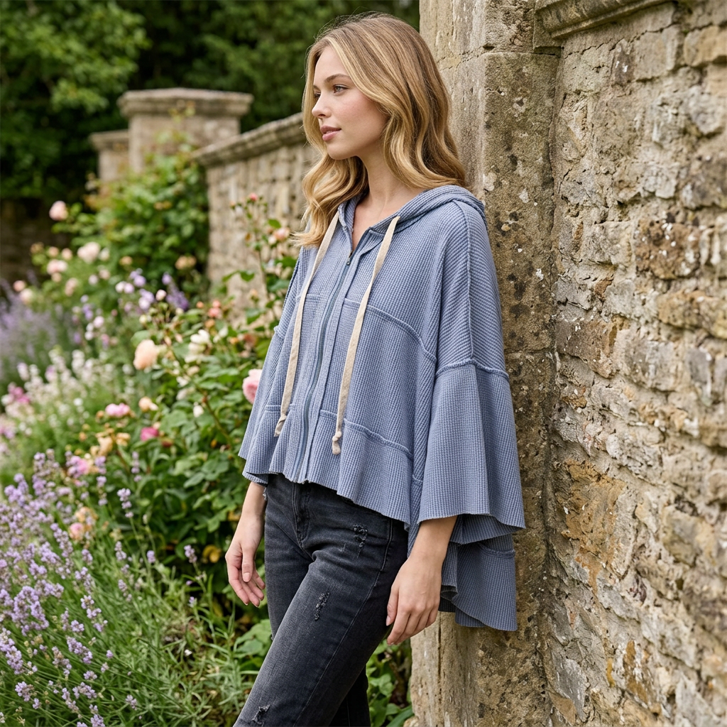 Side view of a light blue waffle hoodie showing wide sleeves and a longer back hem beside a garden wall