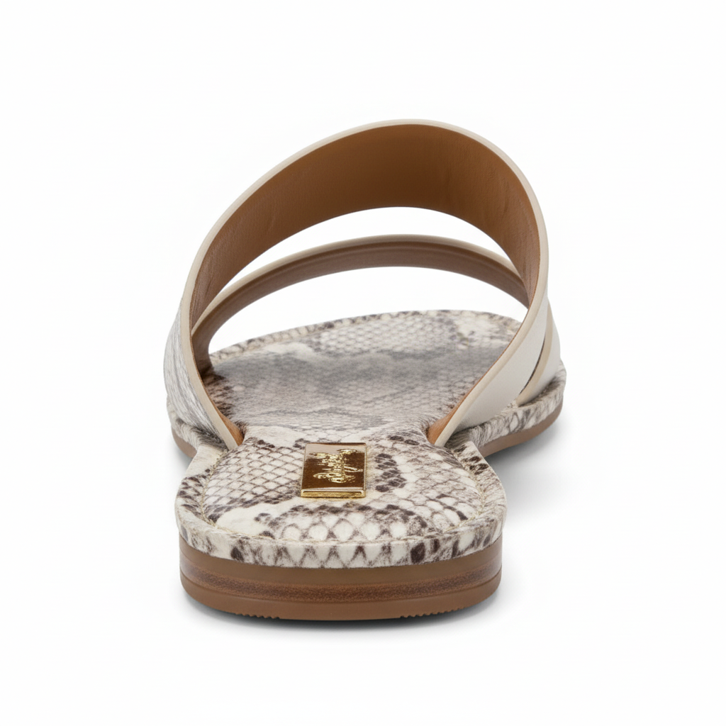 Qupid off-white two-band flat slide sandal back view showing open heel and cream PU upper strap