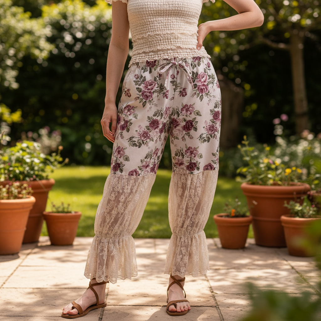 Bluevelvet women's off white floral wide-leg pants with sheer lace panels and ruffle cuff hem, garden patio - BellanBlue