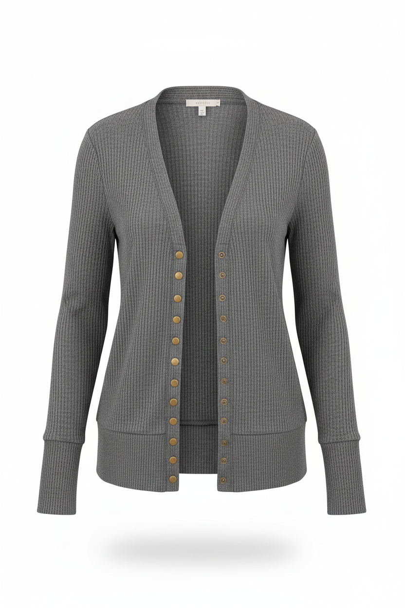 Soft ribbed snap button cardigan in ash grey, front view showing decorative buttons and ribbed knit texture