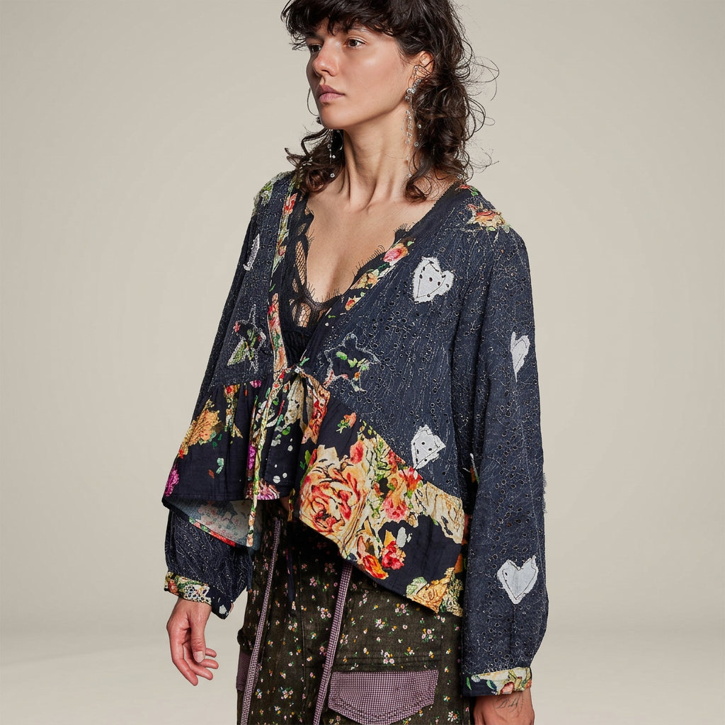 Angled view of black eyelet cardigan with a front tie, heart appliqués and a floral ruffle hem.