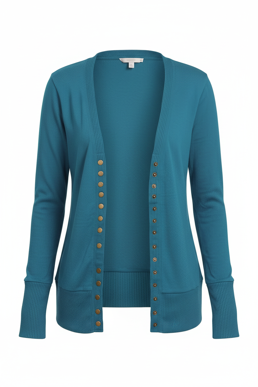 Soft ribbed snap button cardigan in titanium blue teal, front view showing decorative buttons and ribbed knit texture