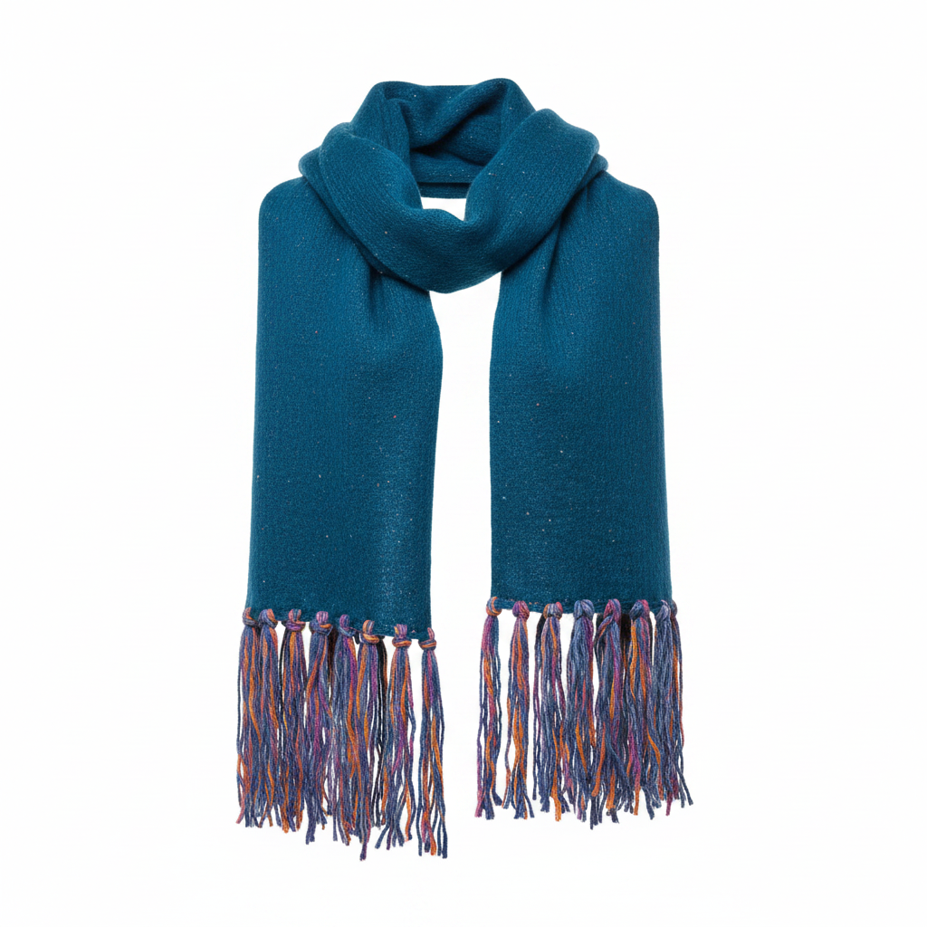 Women's cobalt blue speckled knit scarf wrap, front view, soft brushed fabric, multicolor fringe ends