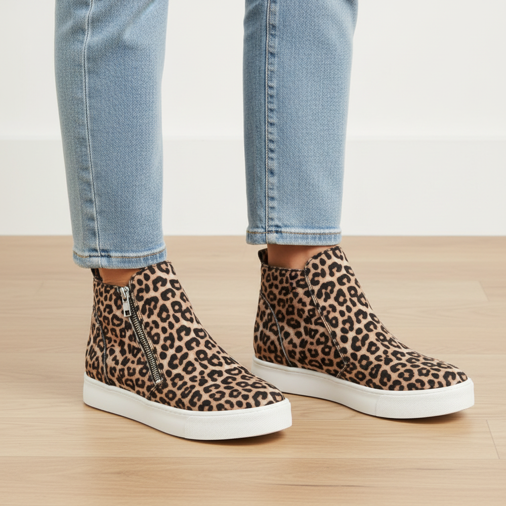 Women's leopard print platform sneaker bootie with dual silver zippers on light wood floor - BellanBlue