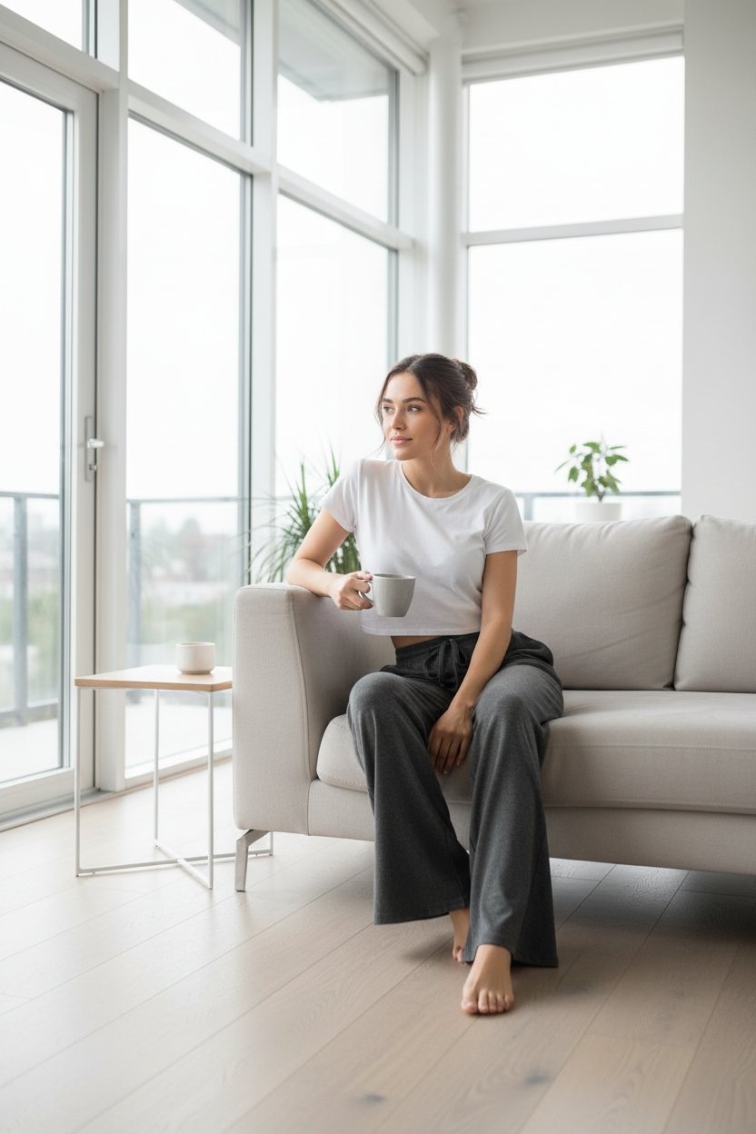 Woman wearing charcoal gray lounge pants relaxing at home