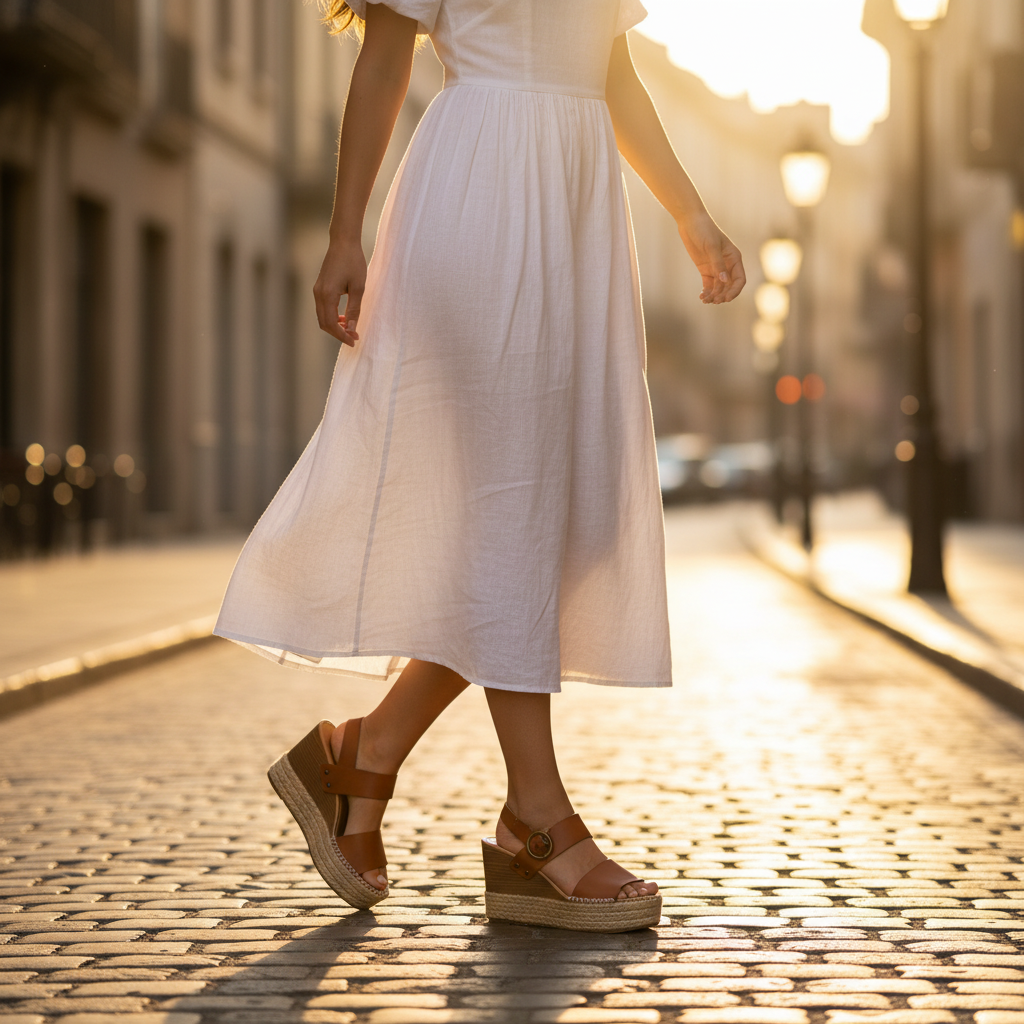 Women's tan espadrille platform wedge sandals styled with white linen midi dress on cobblestone street summer outfit