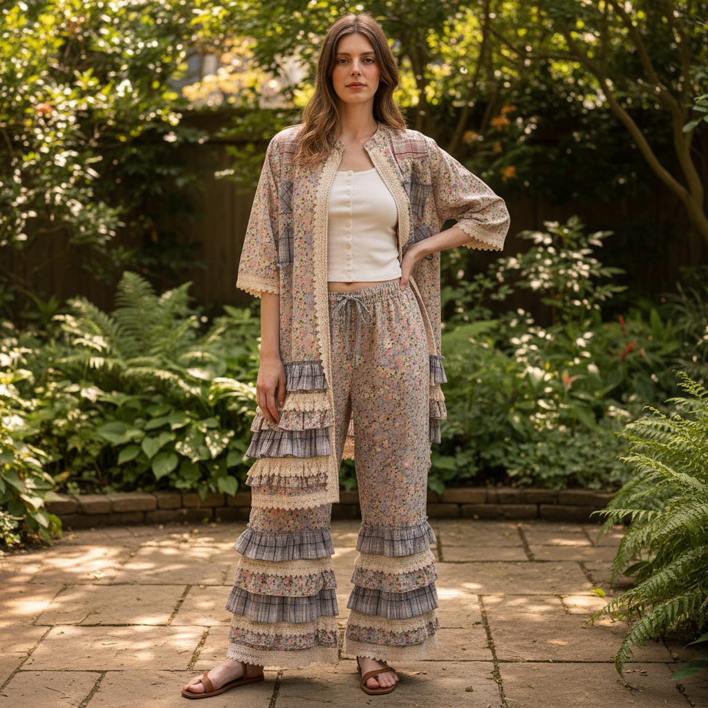 Bluevelvet women's floral ruffle wide leg pants, layered lace hem, garden patio casual weekend style - BellanBlue