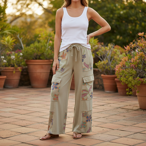 Easel wide leg floral terry lounge pants in dusty sage with cargo pockets, worn on a garden patio - BellanBlue