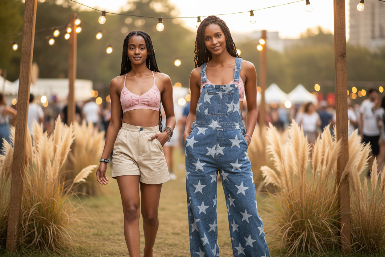 Women's blue denim star print wide-leg overalls styled over a floral lattice bralette in a boho festival outdoor setting