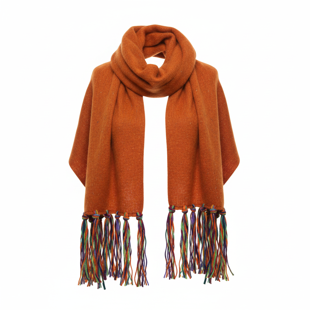 Women's rust speckled knit scarf wrap, front view, soft brushed fabric, bold rainbow fringe ends