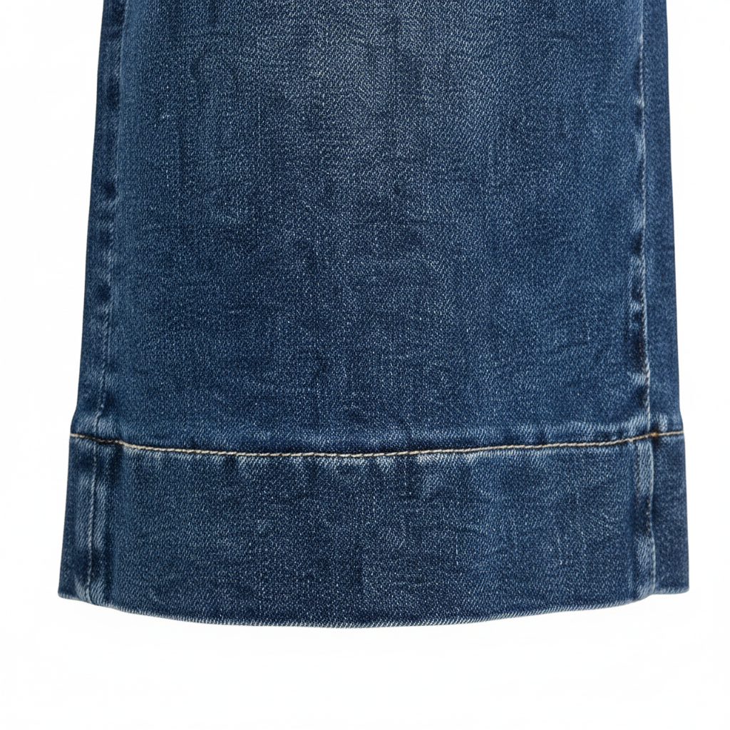 Women's medium blue denim culotte cuffed hem close-up contrast topstitching detail