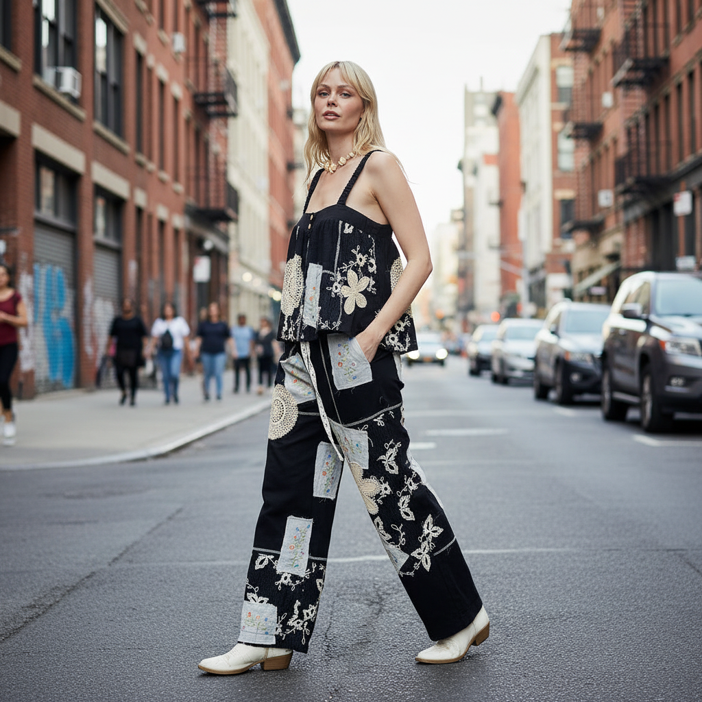 Women's black patchwork cami top with cream crochet doily appliqué styled for a casual city street walk – BellanBlue