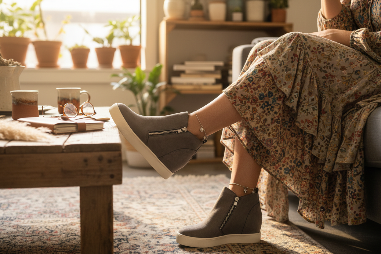 Woman in bohemian outfit wearing gray wedge sneakers detail