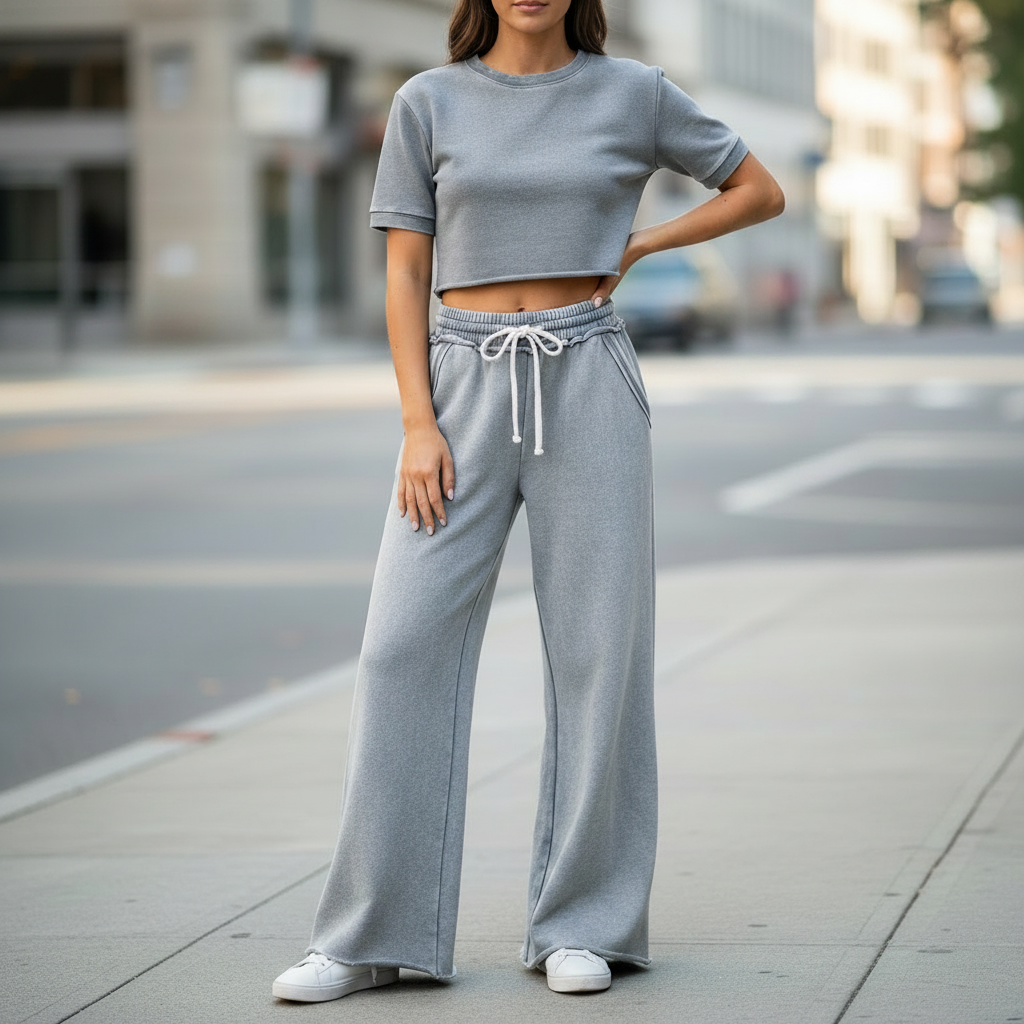 Zenana women's sleet acid wash palazzo sweatpants, wide leg, city sidewalk style - BellanBlue
