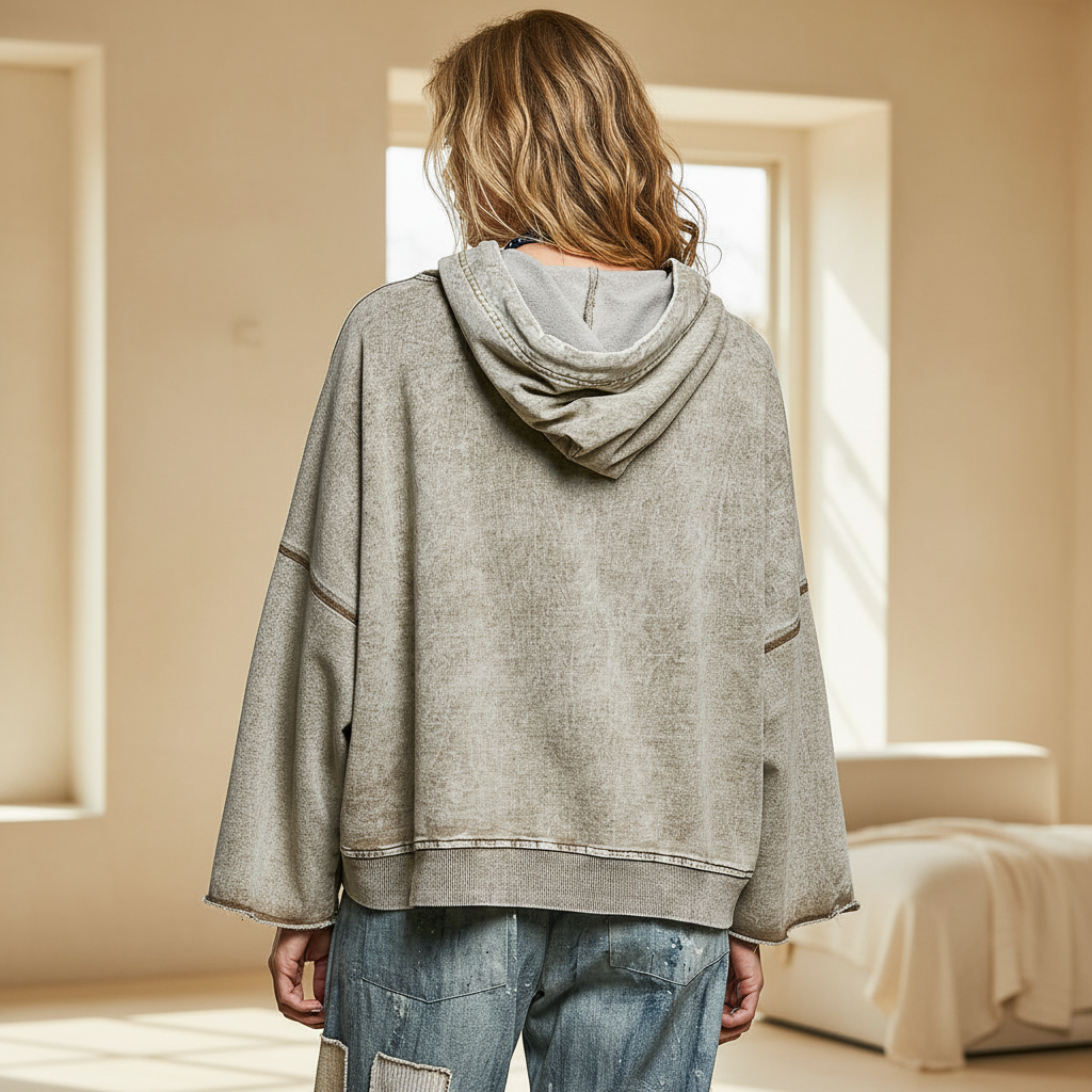 POL Clothing taupe vintage wash hoodie back view, oversized hood drape and batwing silhouette, home interior