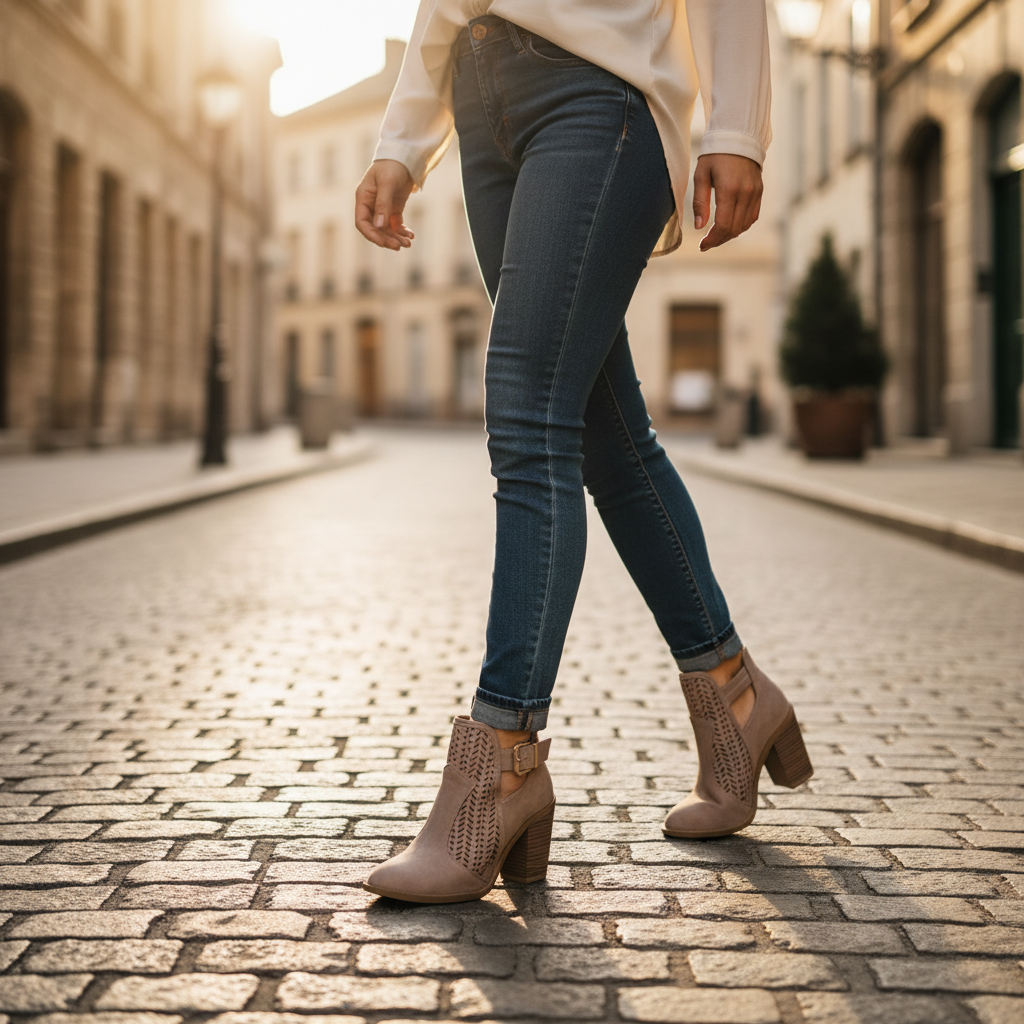 Women's taupe perforated faux suede pointed toe booties with gold buckle and block heel styled with dark jeans on cobblestone street - BellanBlue