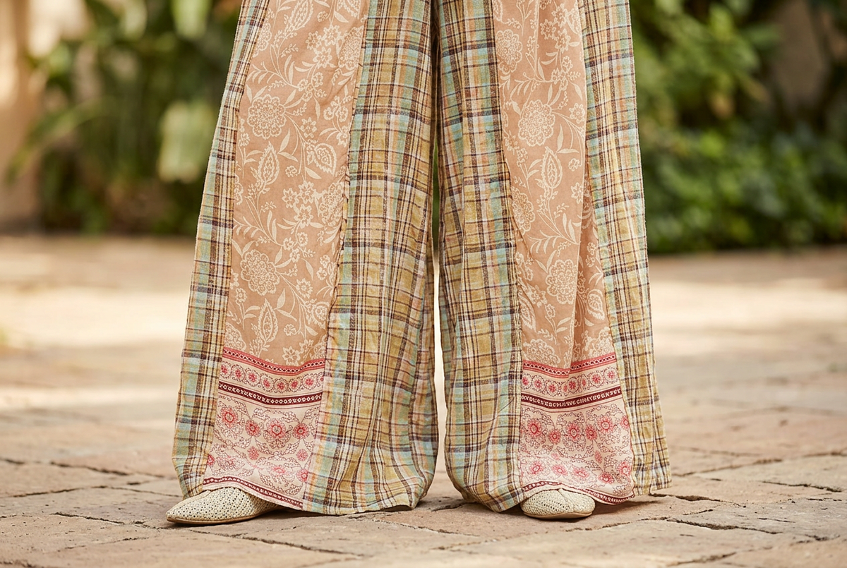 POL Clothing women's mocha wide-leg pants with floral and plaid panels and pink floral hem borders, close view