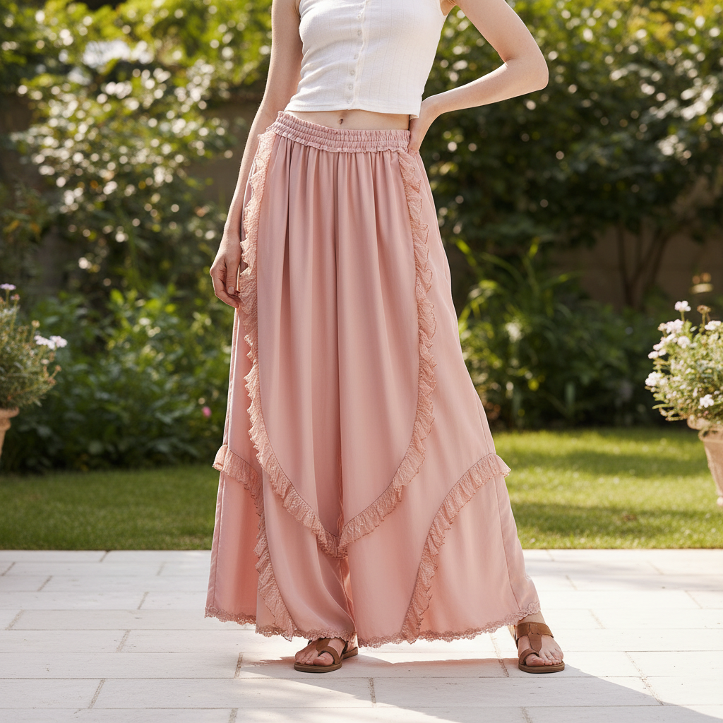 Bluevelvet women's blush pink ruffle wide leg pants styled with white crop top in garden patio setting - BellanBlue